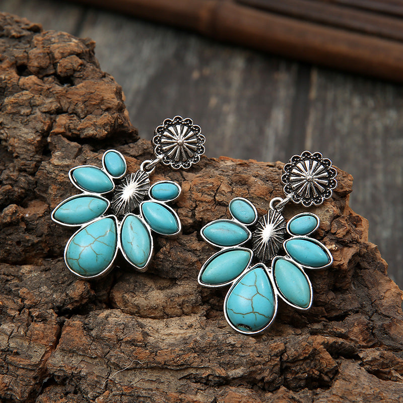 Wholesale Vintage Bohemian Flowers Turquoise Alloy Earrings